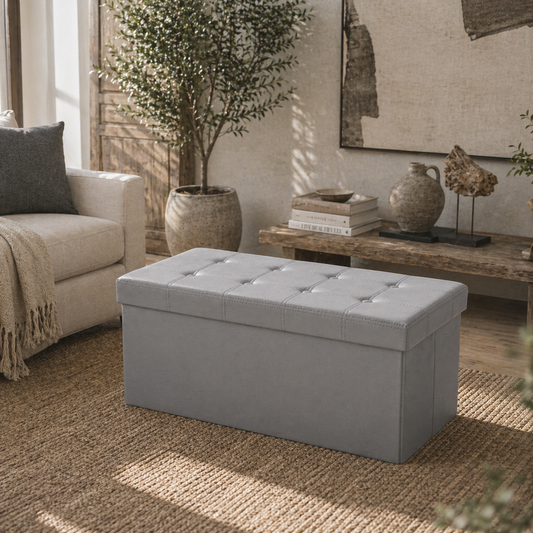 Nevi Faux Leather Grey Folding Storage Ottoman Bench 89 Litre