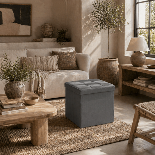 Nasedo Square Velvet Grey Foldable Storage Ottoman with Removable Lid