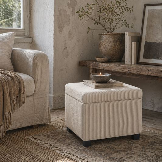 Rivima Square Beige Corduroy Storage Ottoman Bench With Removable Lid