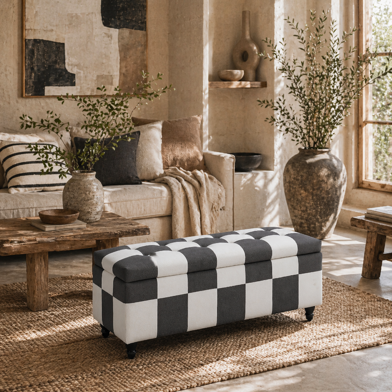 Susula Velvet Dark Grey And White Check Pattern Storage Bench With Wooden Legs