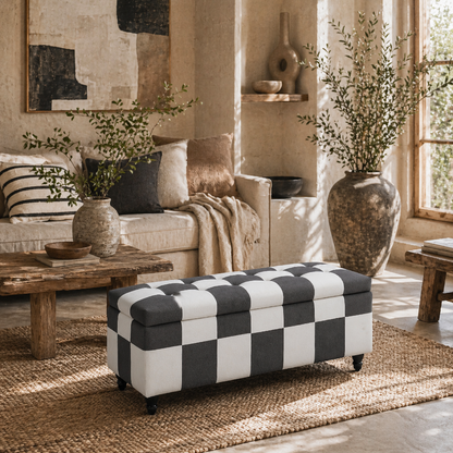 Susula Velvet Dark Grey And White Check Pattern Storage Bench With Wooden Legs
