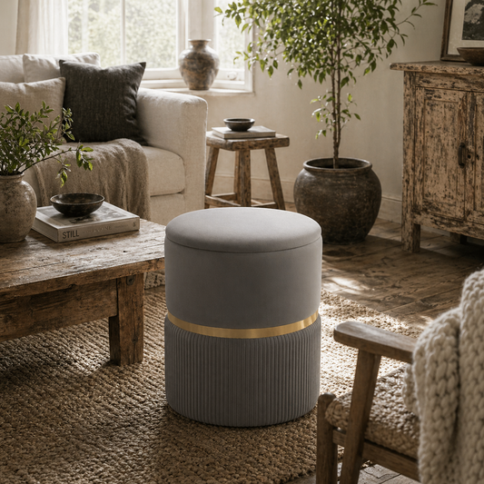Rivera Velvet Light Grey Ribbed Storage Ottoman Gold Accent