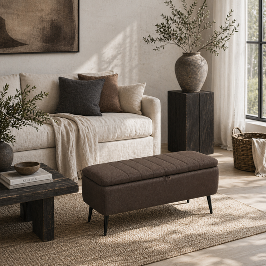 Mahano Linen Look Dark Brown Rectangle Storage Ottoman