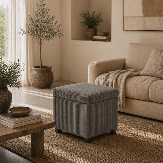 Creccette Corduroy Grey Storage Square Ottoman Bench With Removable Lid