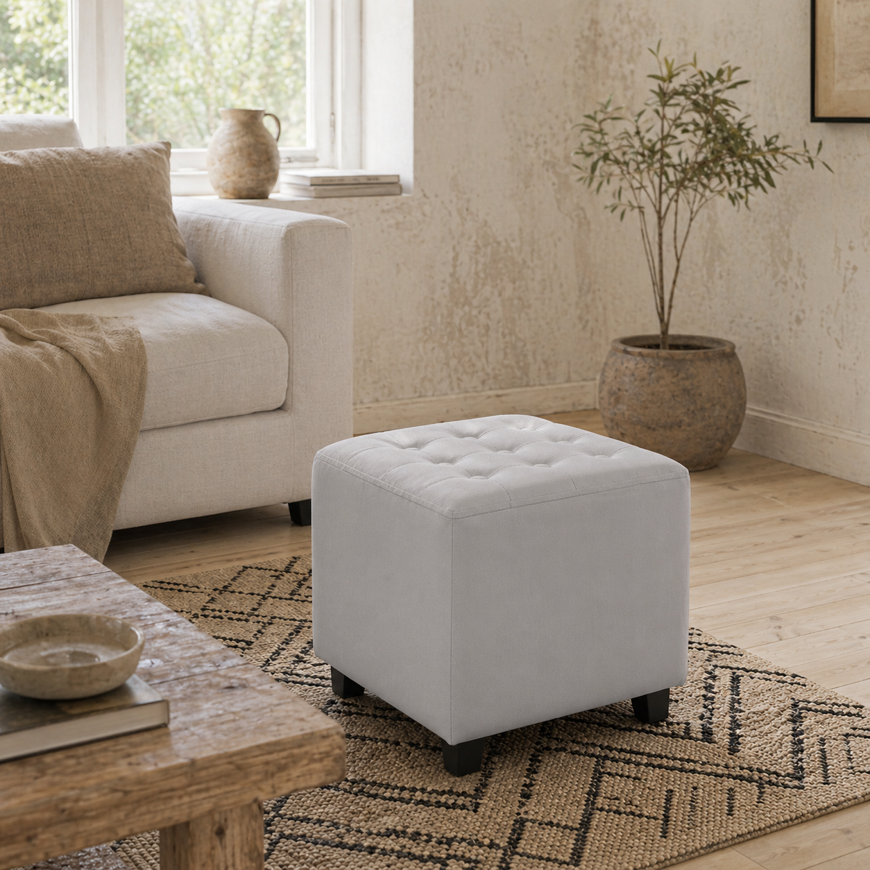 Kafano Velvet Light Grey Square Ottoman With Soft Upholstered Finish