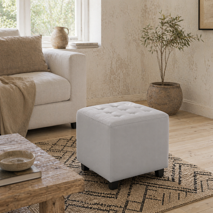Kafano Velvet Light Grey Square Ottoman With Soft Upholstered Finish