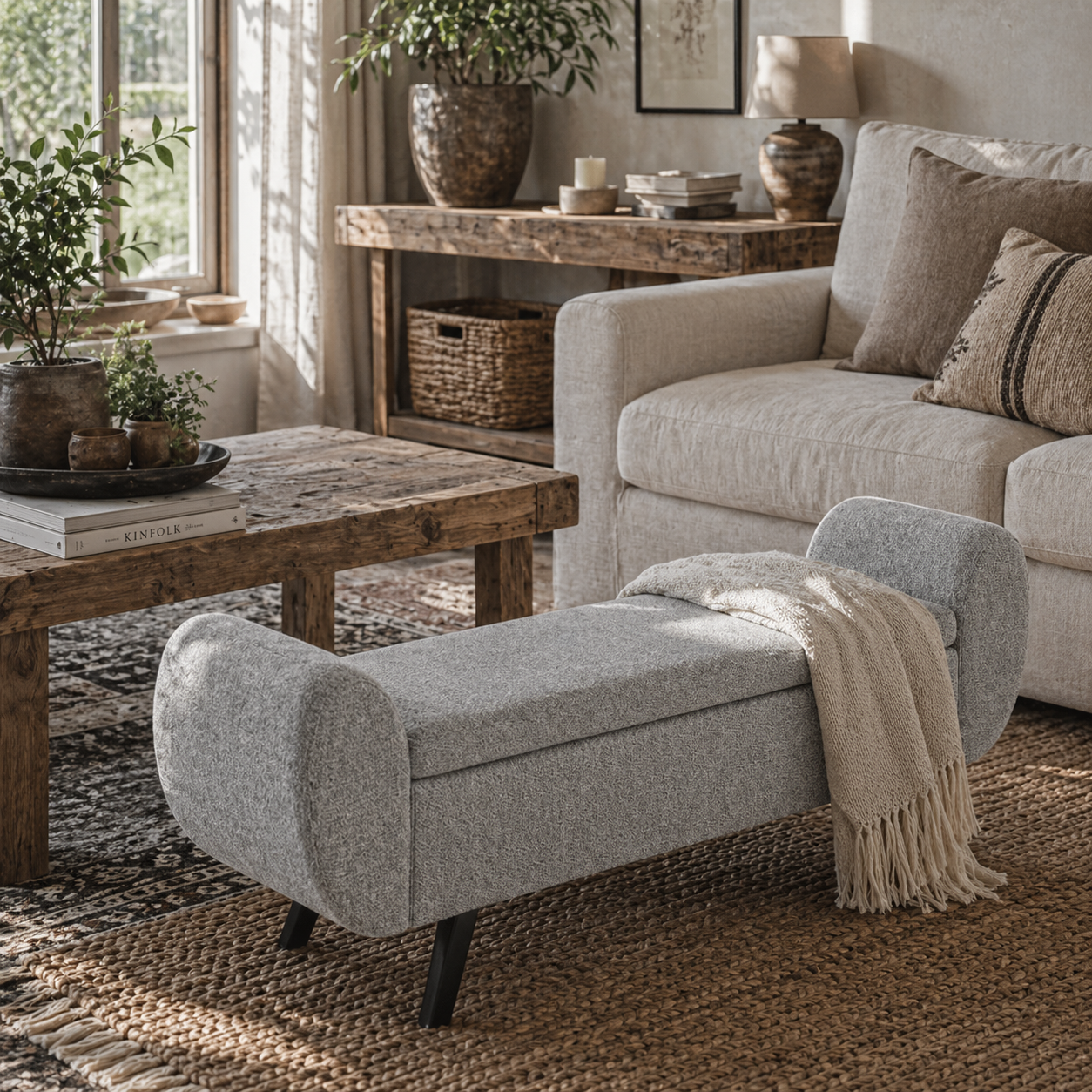 Nesama Linen Grey Storage Bench With Armrest