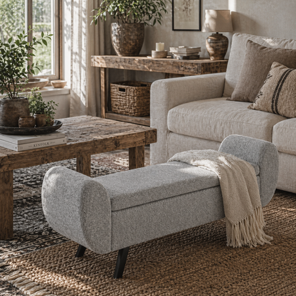 Nesama Linen Grey Storage Bench With Armrest