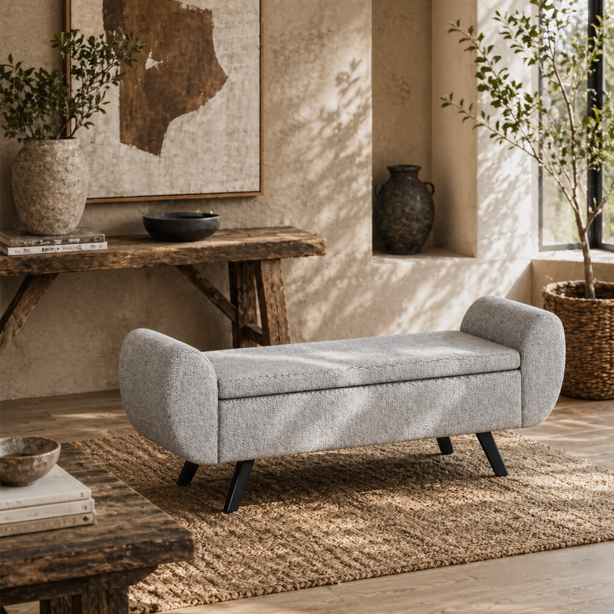 Nesama Linen Light Grey Storage Bench With Armrest