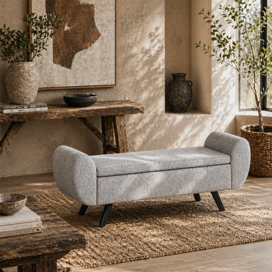 Nesama Linen Light Grey Storage Bench With Armrest