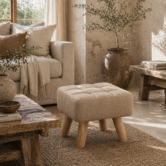 Luluva Linen Look Brown Square Padded Footstool Diamond Tufted