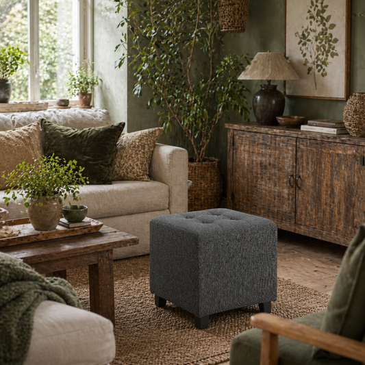 Linen Grey Compact Square Footstool With Side Pocket And Black Wooden Legs