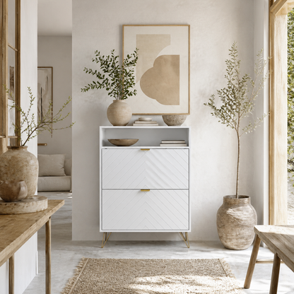 Notafa Wooden White Chevron Cabinet With Gold Accents For 12 Pairs