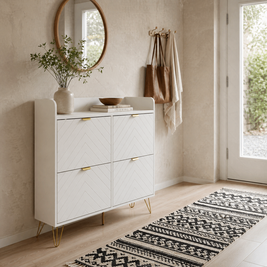 Zikase Wooden White Chevron Slim Shoe Cabinet With 4 Flip Drawers For 16 Pairs