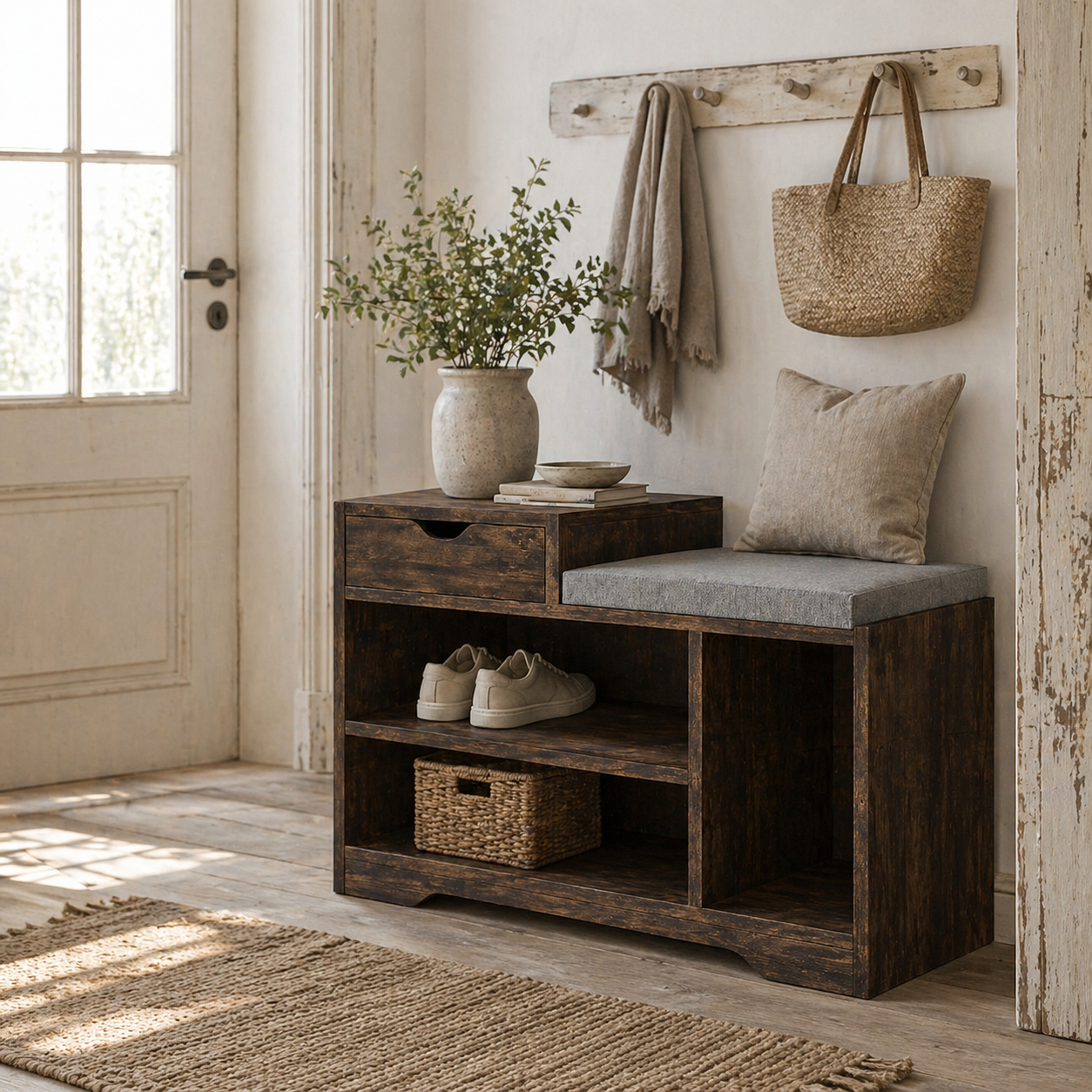 Nata Wooden Rustic Brown Multi Compartment Shoe Bench With Grey Cushioned Seat