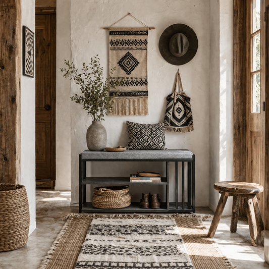 Vifava Neyo Grey Wood and Black Metal Upholstered Entryway Shoe Bench With 3 Shelves