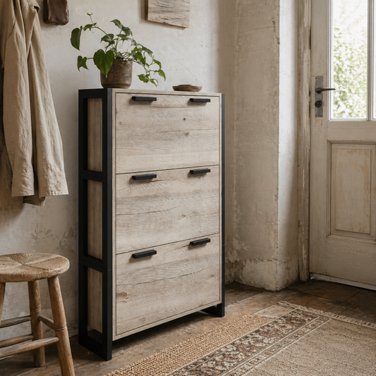 Tona Wooden Natural Wood Effect Slim Shoe Cabinet With 3 Flip Drawers For 18 Pairs