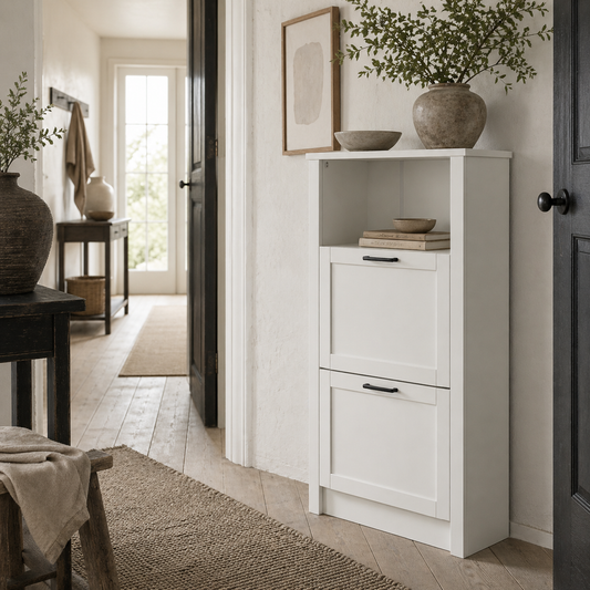 Lisavi Wooden White Slim Shoe Cabinet With 2 Flip Drawers and Shelf