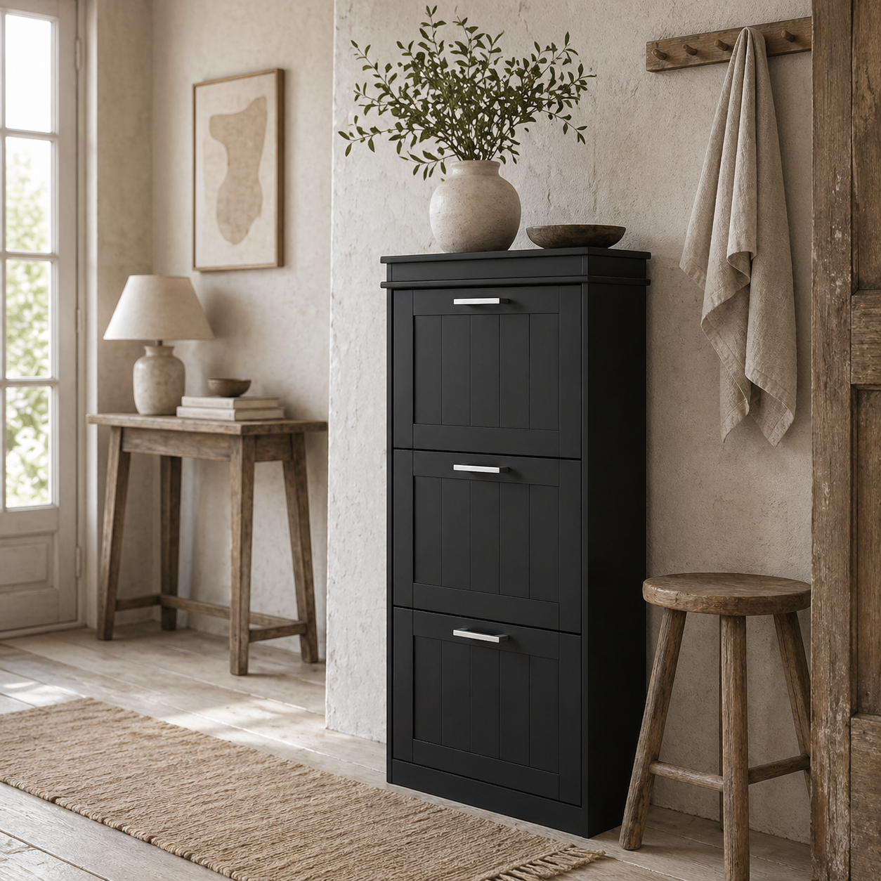 Kaso Wooden Black Minimal 3 Drawer Shoe Cabinet