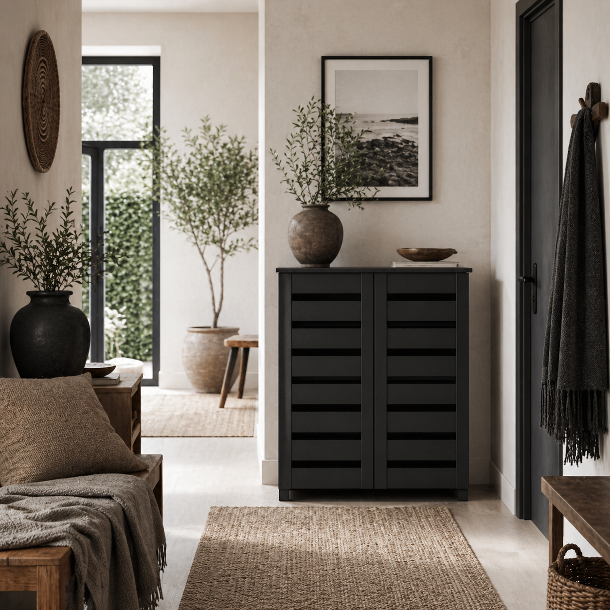 Kamoza Black Wooden White Slim Entryway Shoe Cabinet With 5 Tier Storage And Slatted Doors