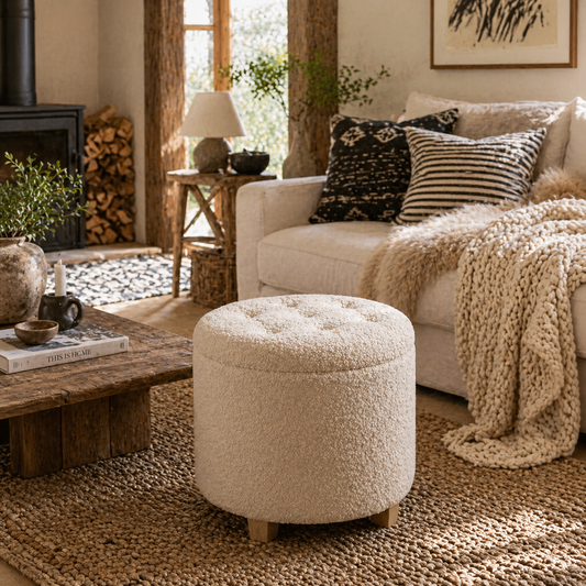 Fimi Boucle Cream White Storage Ottoman Diamond Tufted Lid Teddy Fleece