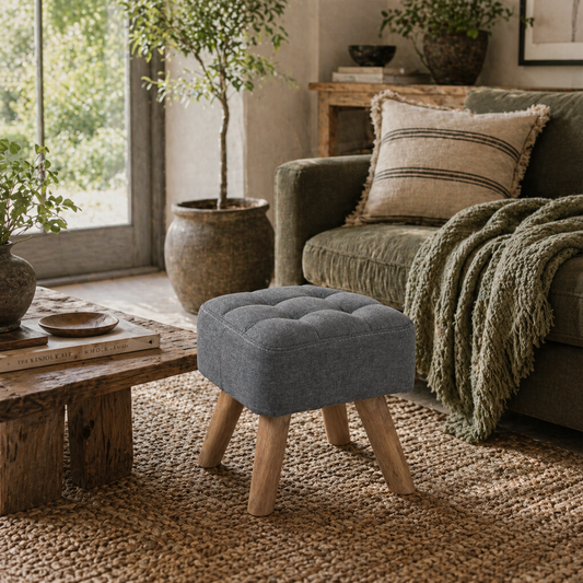 Sayo Linen Look Light Grey Square Padded Footstool Tufted Diamond