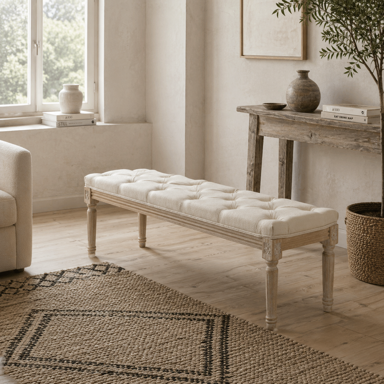 Vero Vintage Style Natural and Cream Wooden Bed End Bench
