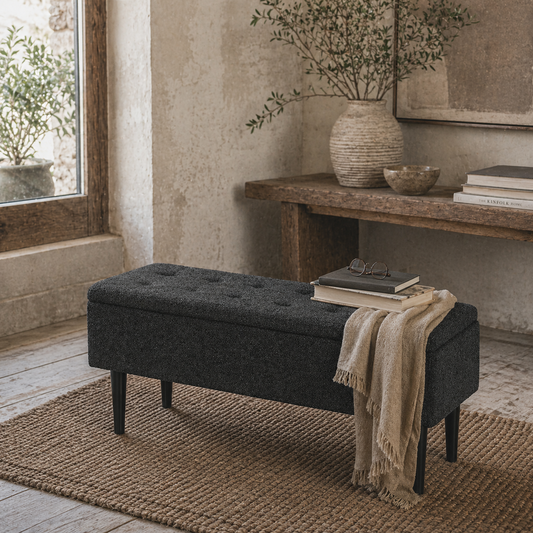 Nevano Boucle Dark Grey Storage Ottoman Teddy Fleece Diamond Tufted Lid