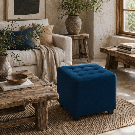 Dimano Velvet Blue Upholstered Square Ottoman Diamond Tufted Pattern