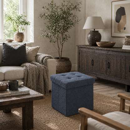 Fazi Sherpa Fleece Blue Foldable Storage Ottoman Diamond Tufted Lid