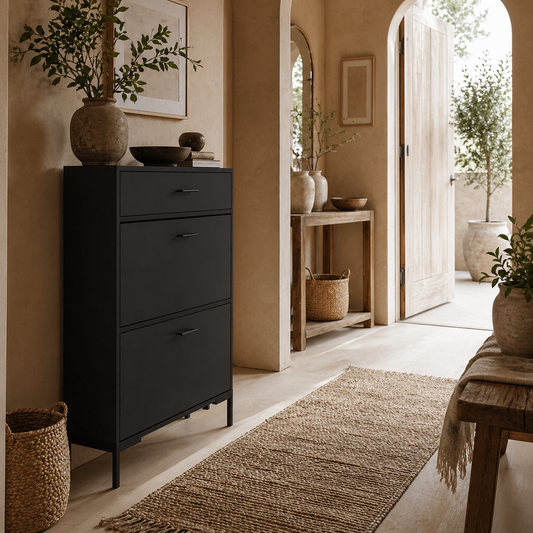 Sopane Wooden Black Slim Shoe Cabinet With 3 Drawers For 12 Pairs