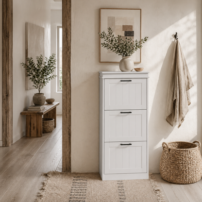 Naravi Vino Wooden White Minimal 3 Drawer Shoe Cabinet For 15 Pairs