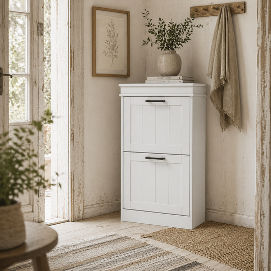 Bana Wooden White Minimal 2 Drawer Shoe Cabinet For 10 Pairs