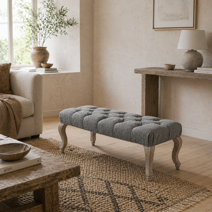 Kene Grey Upholstered Tufted Accent Bench White Washed Wooden Legs