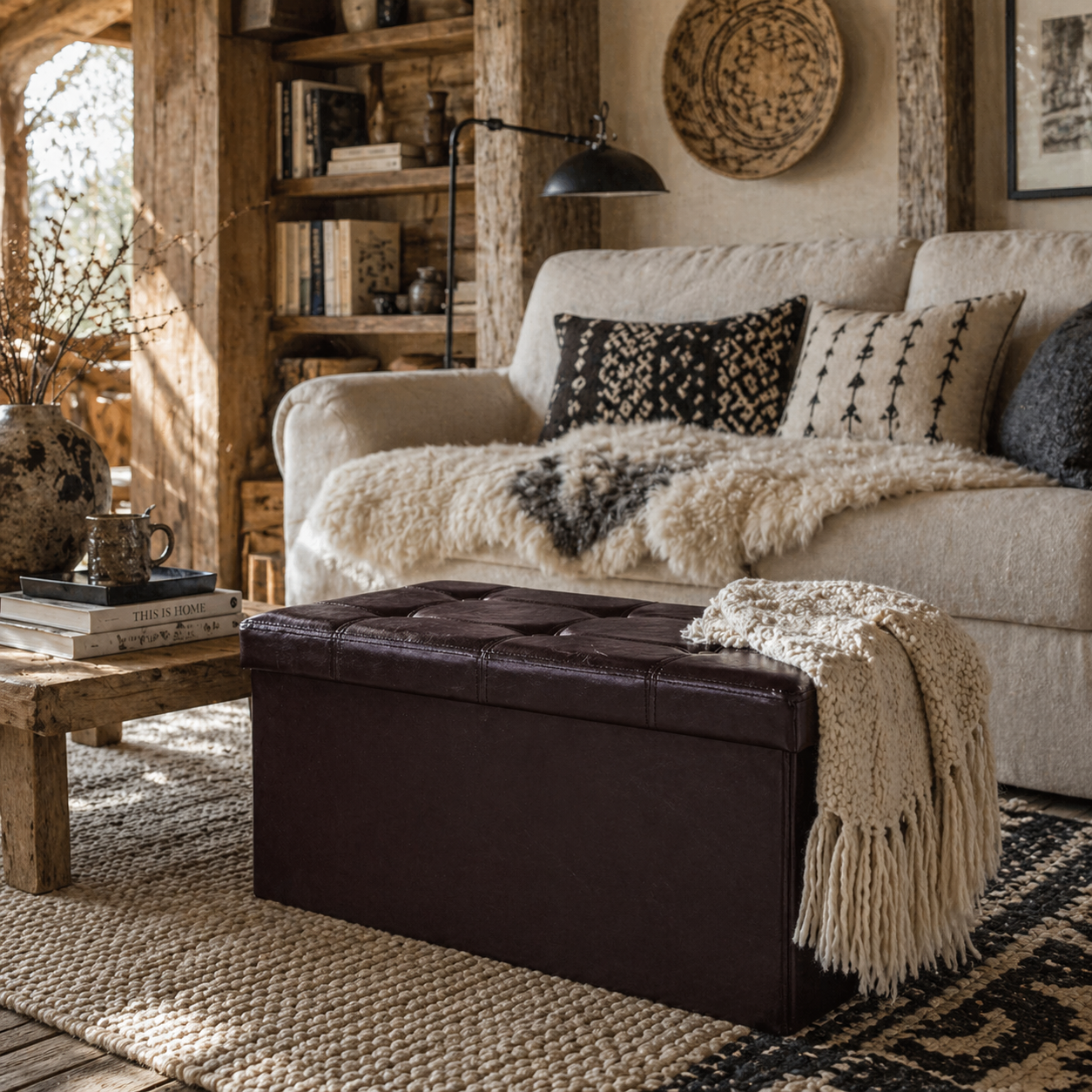 Sahapa Faux Leather Brown Folding Storage Ottoman Bench With Lift Up Lid