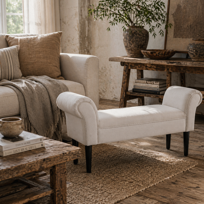 Rosomi  Cream Upholstered Mid Century Entryway Bench With Armrests And Wooden Legs