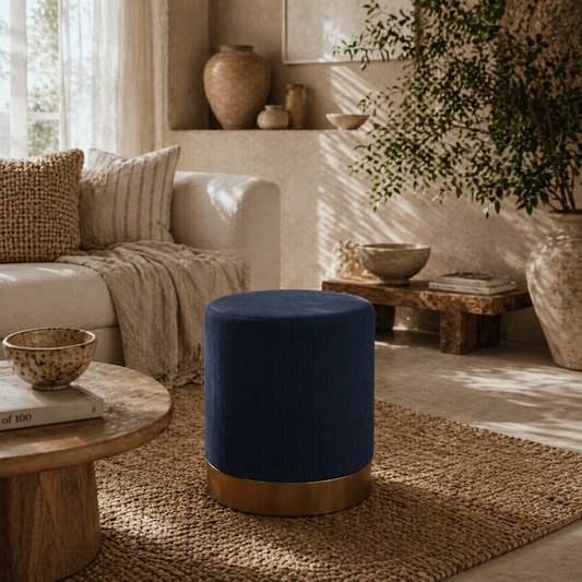 Tamo Bala Corduroy Dark Blue Soft Padded Footstool Gold Accent