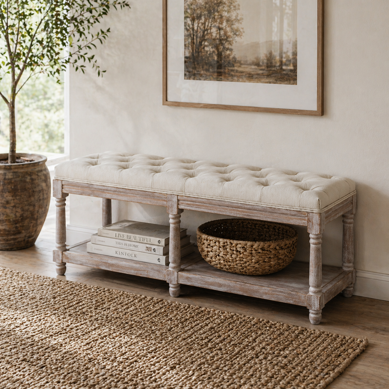 Lono Cream  2 Tier Vintage Style Bed End Bench With Storage Shelf Tufted Diamond