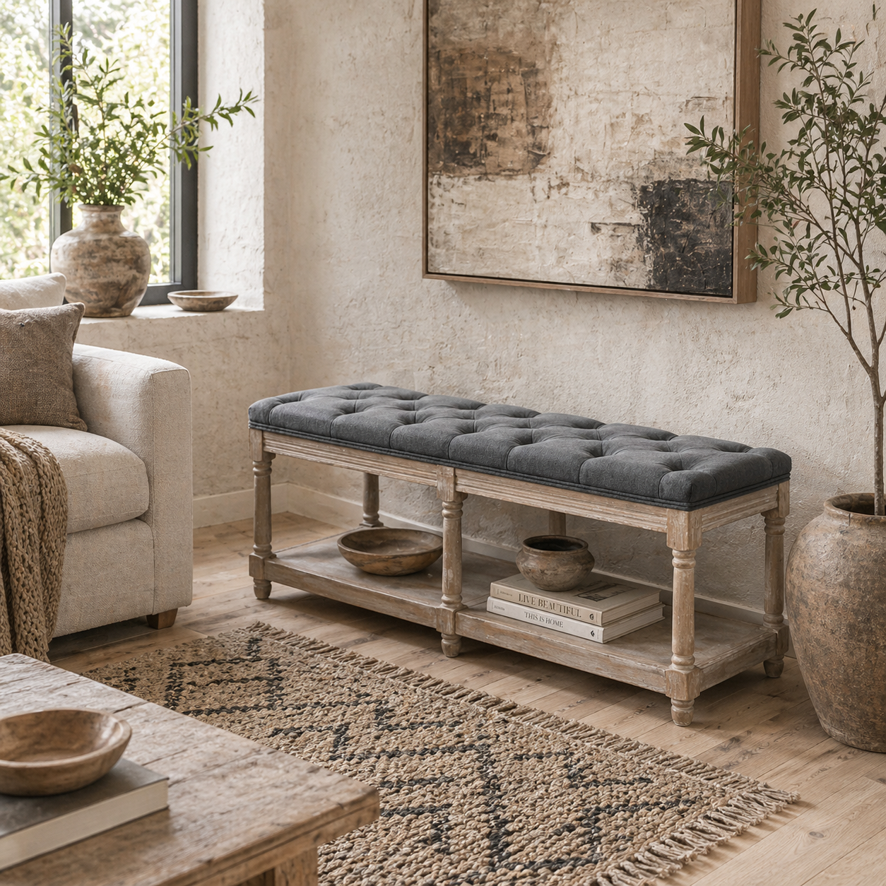 Lono Grey 2 Tier Vintage Style Bed End Bench With Storage Shelf Tufted Diamond