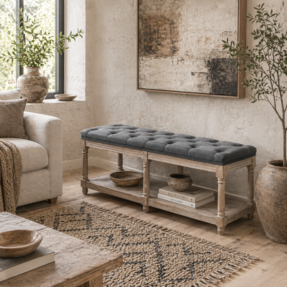 Lono Grey 2 Tier Vintage Style Bed End Bench With Storage Shelf Tufted Diamond