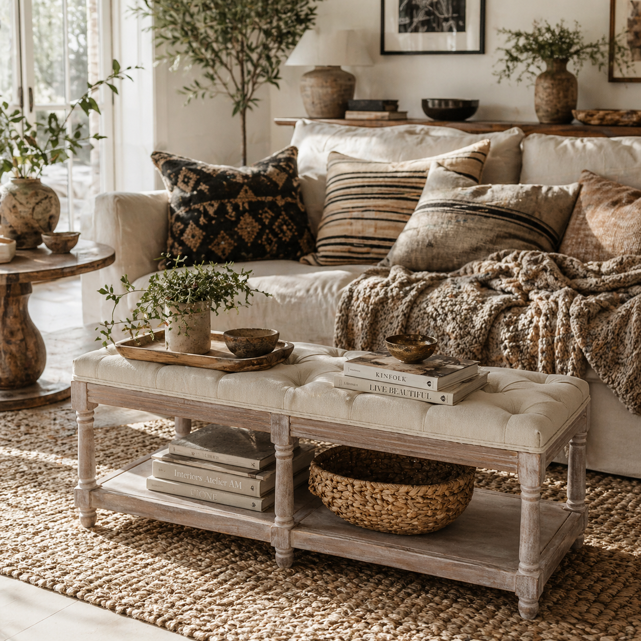 Lono Cream  2 Tier Vintage Style Bed End Bench With Storage Shelf Tufted Diamond