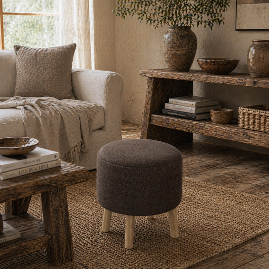 Roli Linen Look Dark Brown Round Storage Ottoman