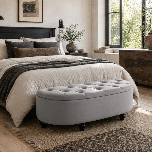 Kare Fabric Light Grey Semi Circle Storage Ottoman Bench Diamond Tufted