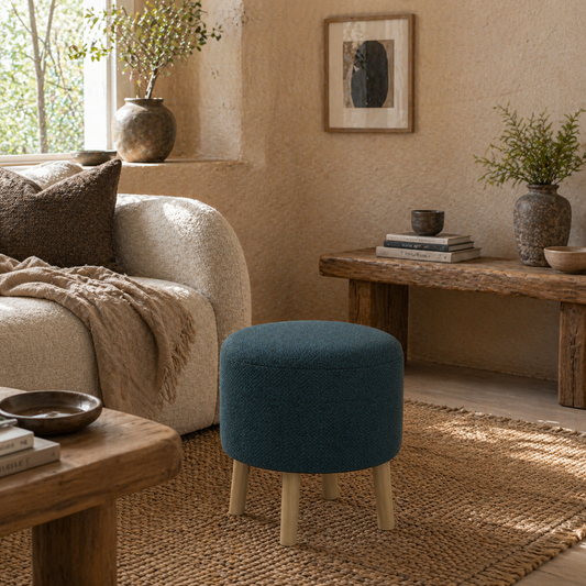 Dotaha Linen Look Blue Round Storage Ottoman