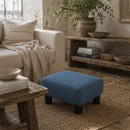 Fatopa Linen Blue Cube Footstool With 4 Plastic Feet