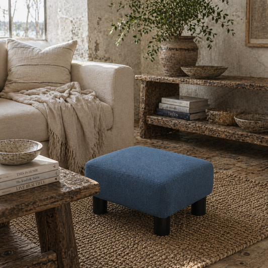 Fatopa Linen Blue Cube Footstool With 4 Plastic Feet