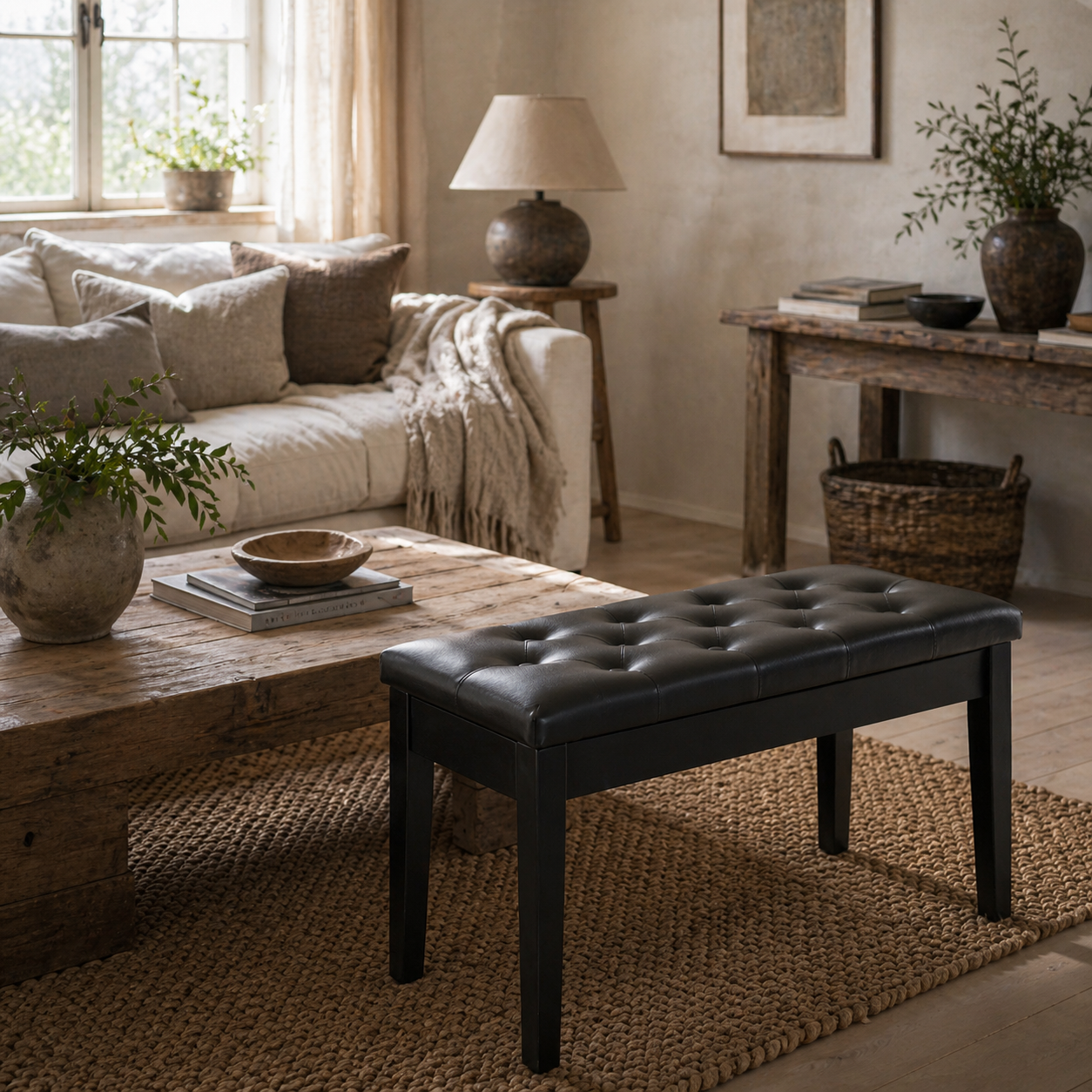 Milara Faux Leather Black Upholstered Piano Bench With Storage Compartment Diamond Tufted Lid