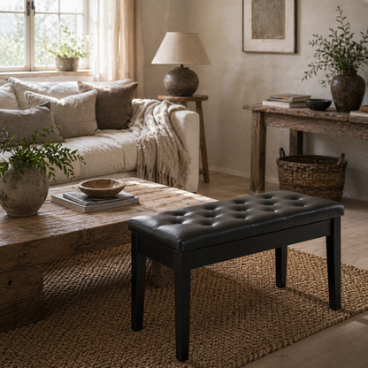 Milara Faux Leather Black Upholstered Piano Bench With Storage Compartment Diamond Tufted Lid