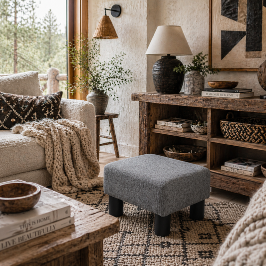 Nekael Linen Grey Cube Footstool With 4 Plastic Feet