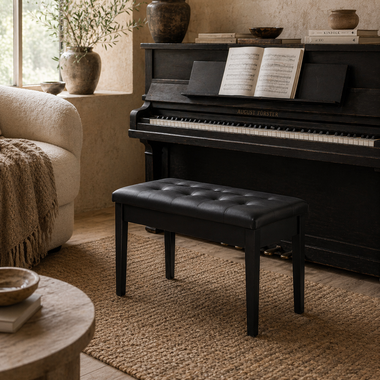 Milara Faux Leather Black Upholstered Piano Bench With Storage Compartment Diamond Tufted Lid